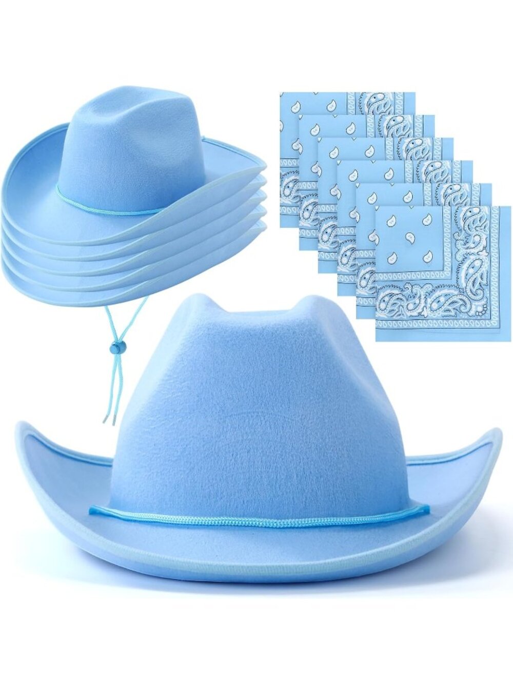 Men's Sky Blue Bandanas Bulk Adjustable Felt Western Cowboy Cowgirl Hat 12 Pcs